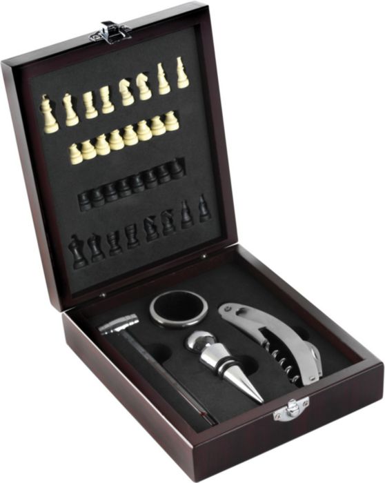 Set vino Renée | Cassetta in legno | Coperchio a scacchiera | 4 pz